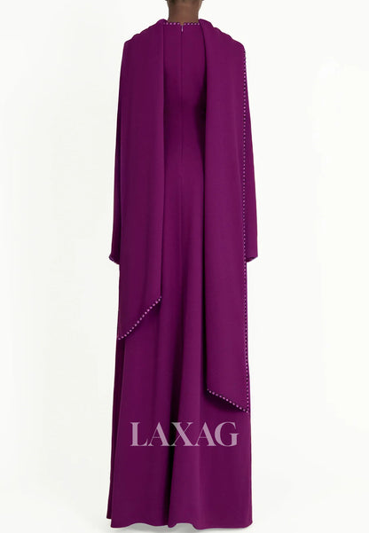 Scoop-Neck Long-Sleeves Pearls Satin Floor-Length Simple Fitted Formal Evening Dress with Overlay