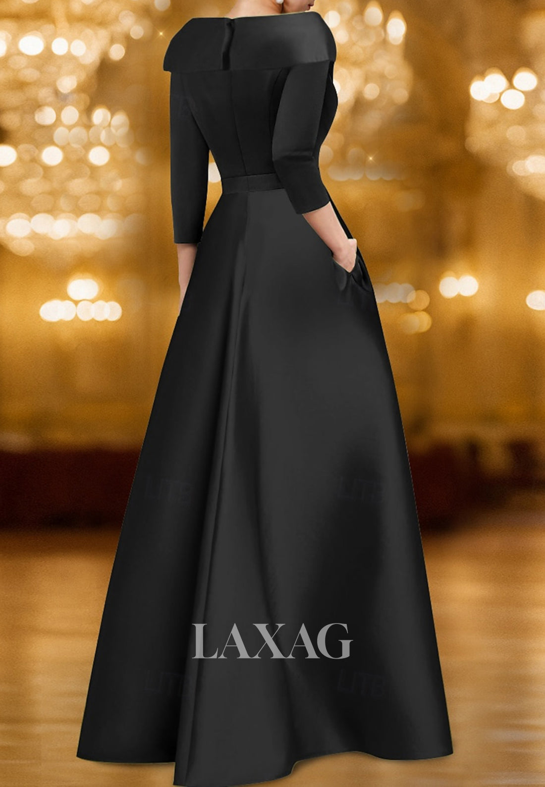 V-Neck Collared Half-Sleeves Sequined Beaded Satin Pleated Mermaid Mother of the Bride Dress