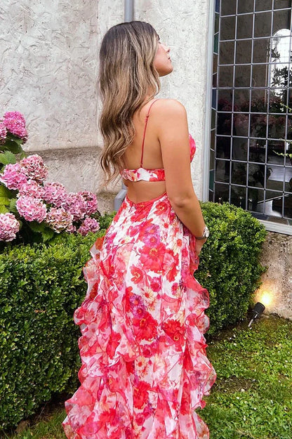 V-Neck Spaghetti Straps A-Line Prom Dress Print-Chiffon Ruffled Floor-Length Party Gowns