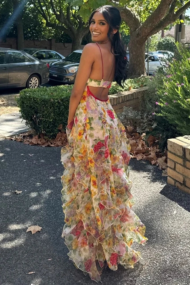 V-Neck Spaghetti Straps A-Line Prom Dress Print-Chiffon Ruffled Floor-Length Party Gowns