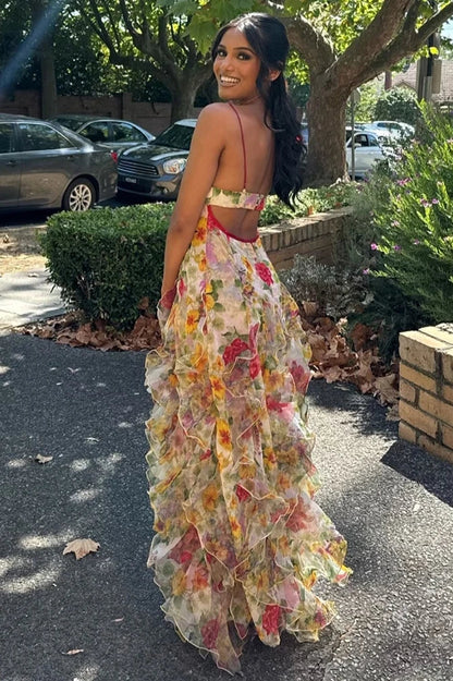 V-Neck Spaghetti Straps A-Line Prom Dress Print-Chiffon Ruffled Floor-Length Party Gowns