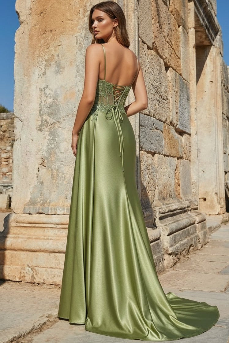 Sweetheart Spaghetti Straps Sleeveless Sequined Applique Satin High Slit Mermaid Prom Dress