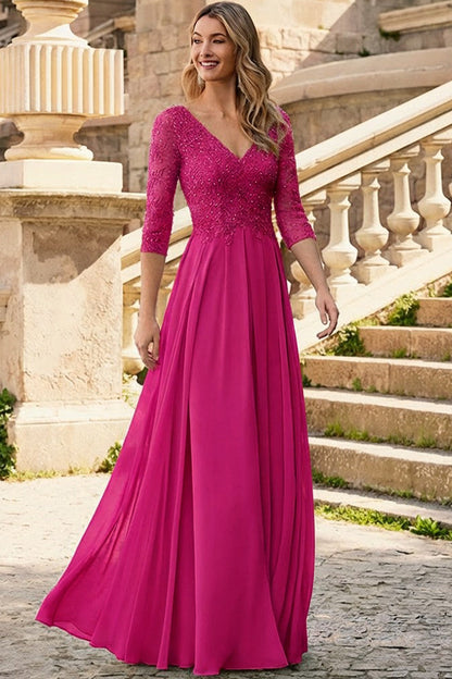 V-Neck Half-Sleeves Sequined Beaded Chiffon Pleated A-Line Mother of the Bride Dress