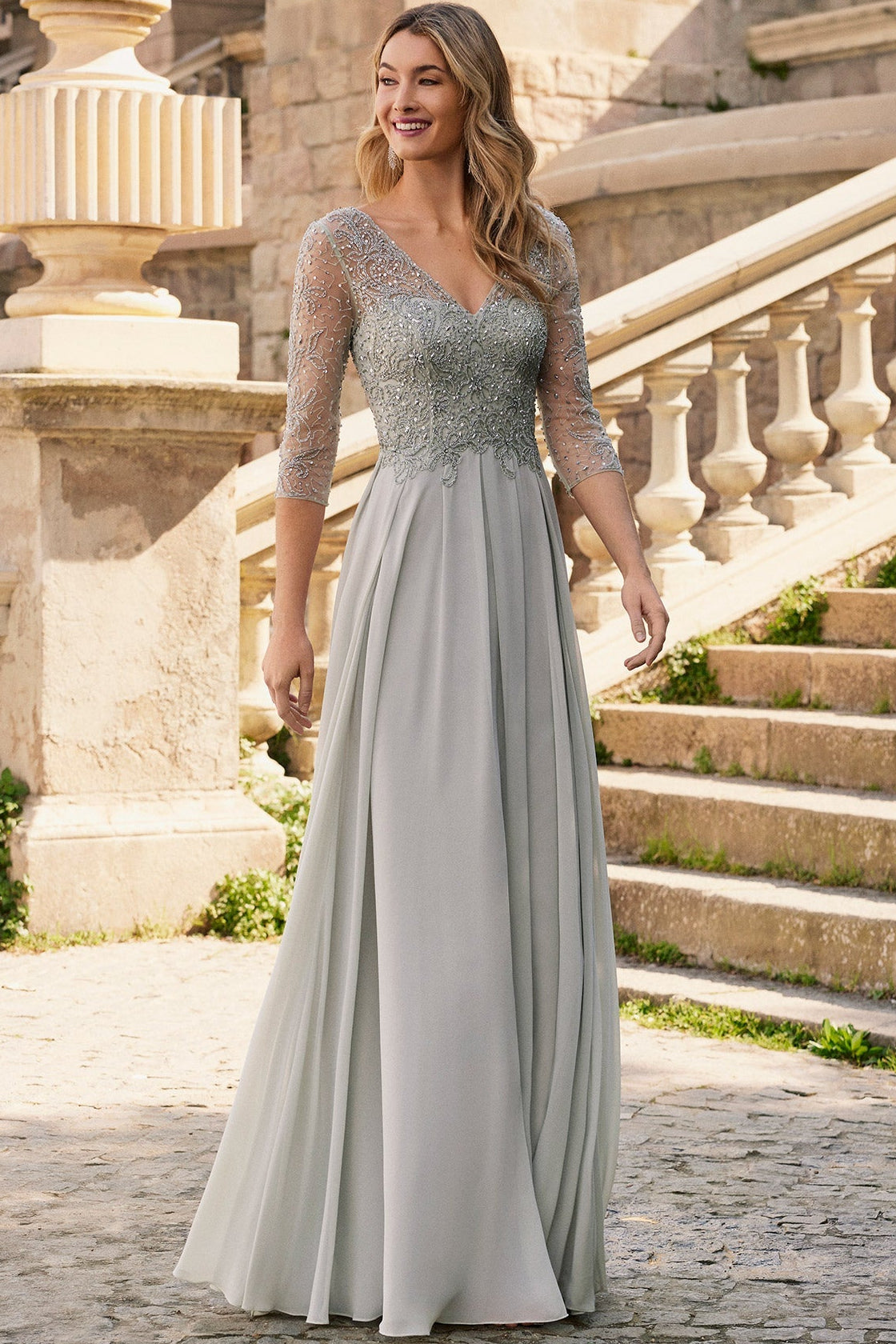 V-Neck Half-Sleeves Sequined Beaded Chiffon Pleated A-Line Mother of the Bride Dress