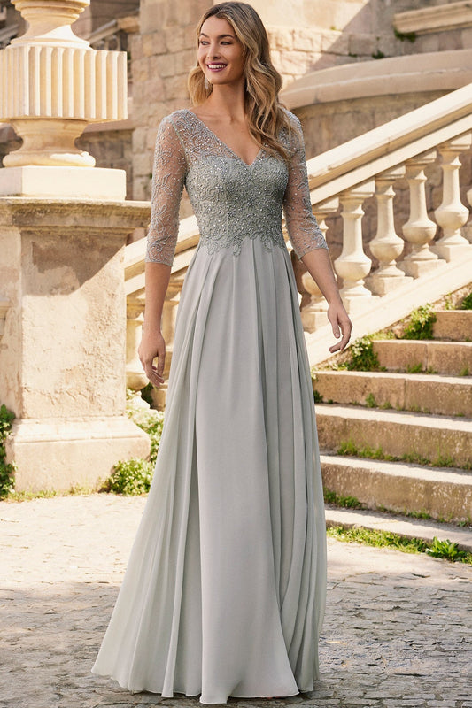 V-Neck Half-Sleeves Sequined Beaded Chiffon Pleated A-Line Mother of the Bride Dress