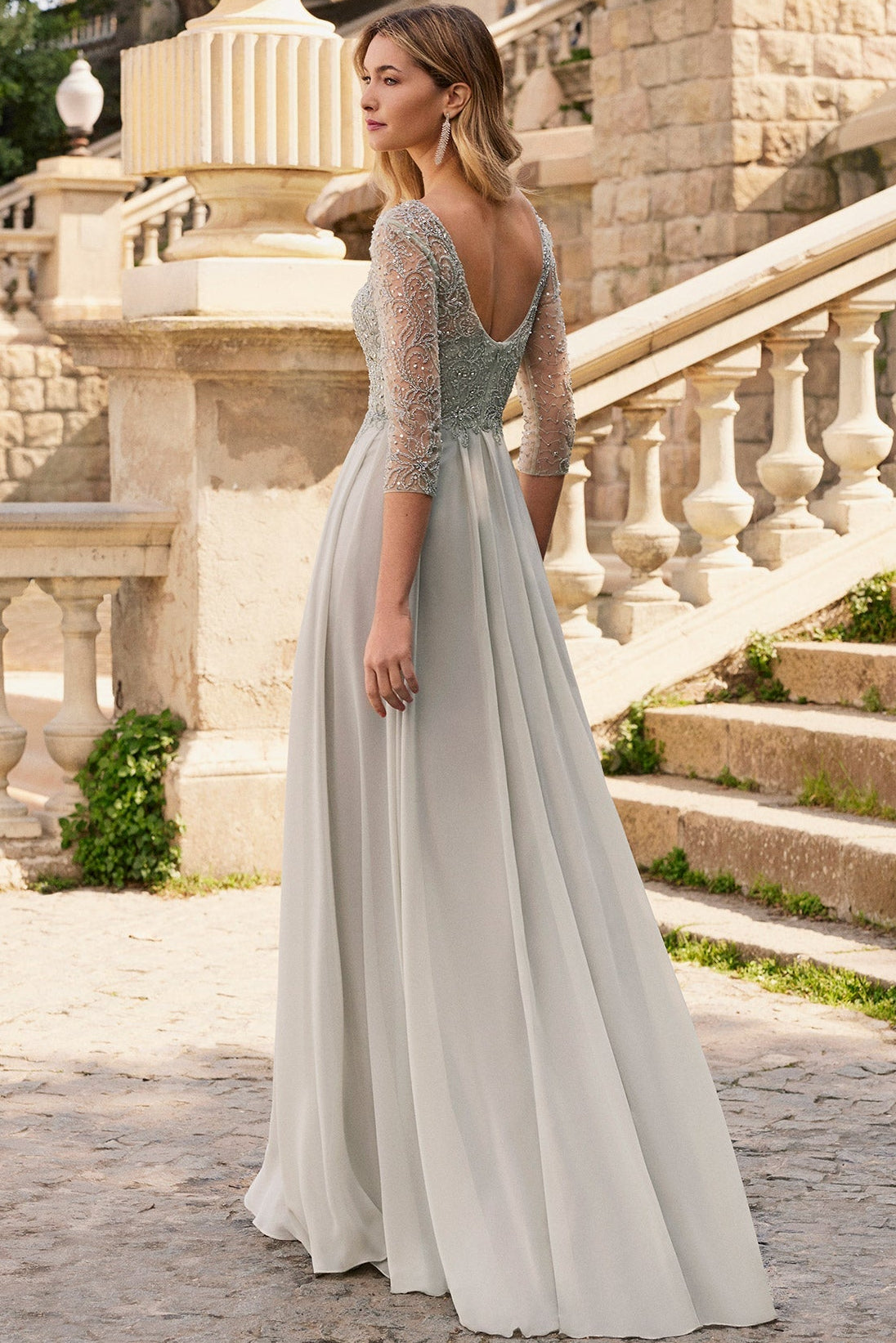 V-Neck Half-Sleeves Sequined Beaded Chiffon Pleated A-Line Mother of the Bride Dress