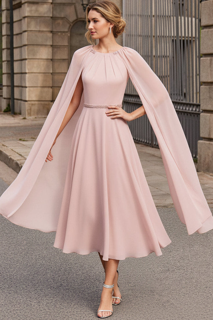 Scoop-Neck Cape-Sleeves Tea-Length Beaded Chiffon Pleated A-Line Mother of the Bride Dress