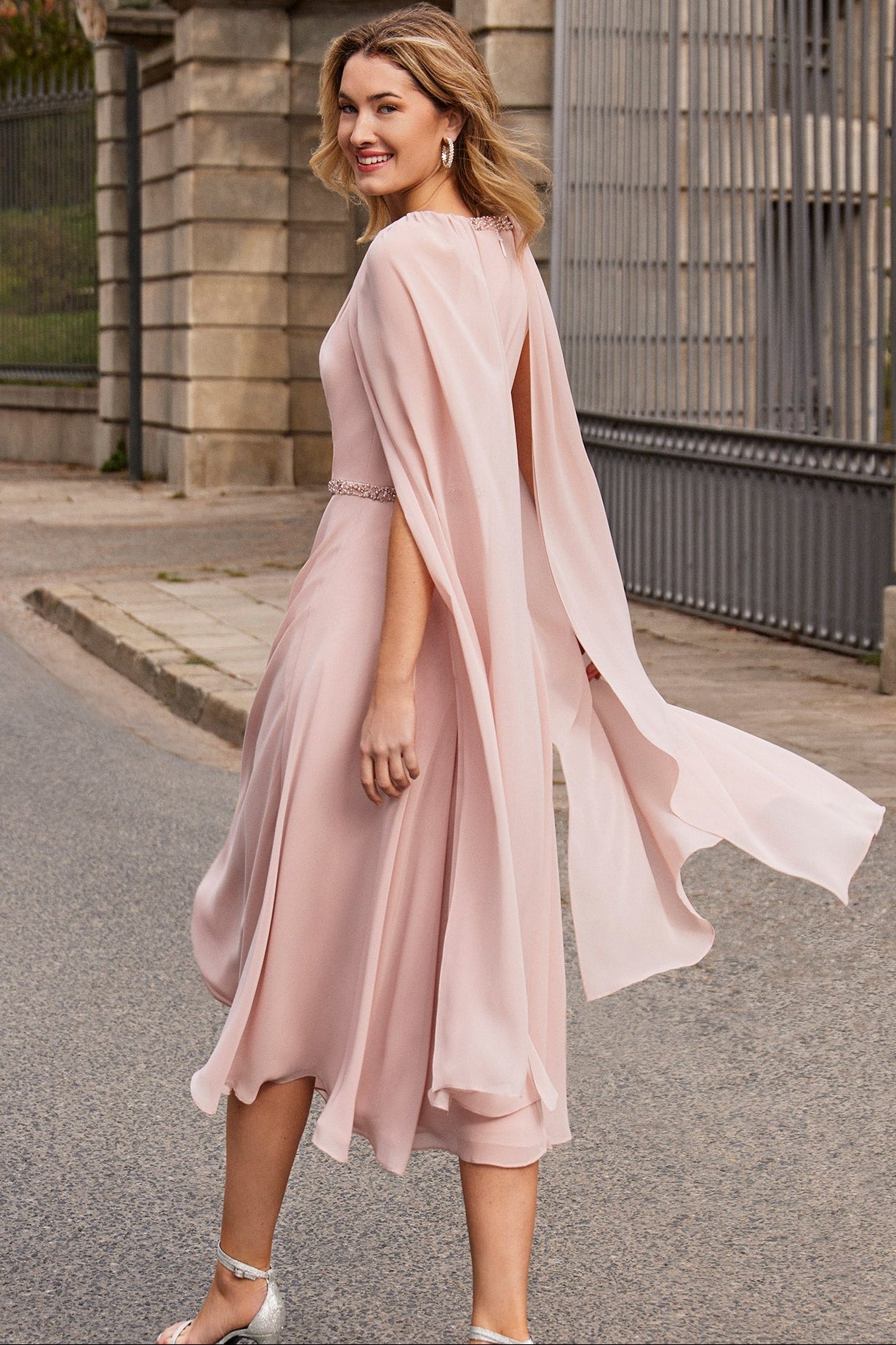 Scoop-Neck Cape-Sleeves Tea-Length Beaded Chiffon Pleated A-Line Mother of the Bride Dress