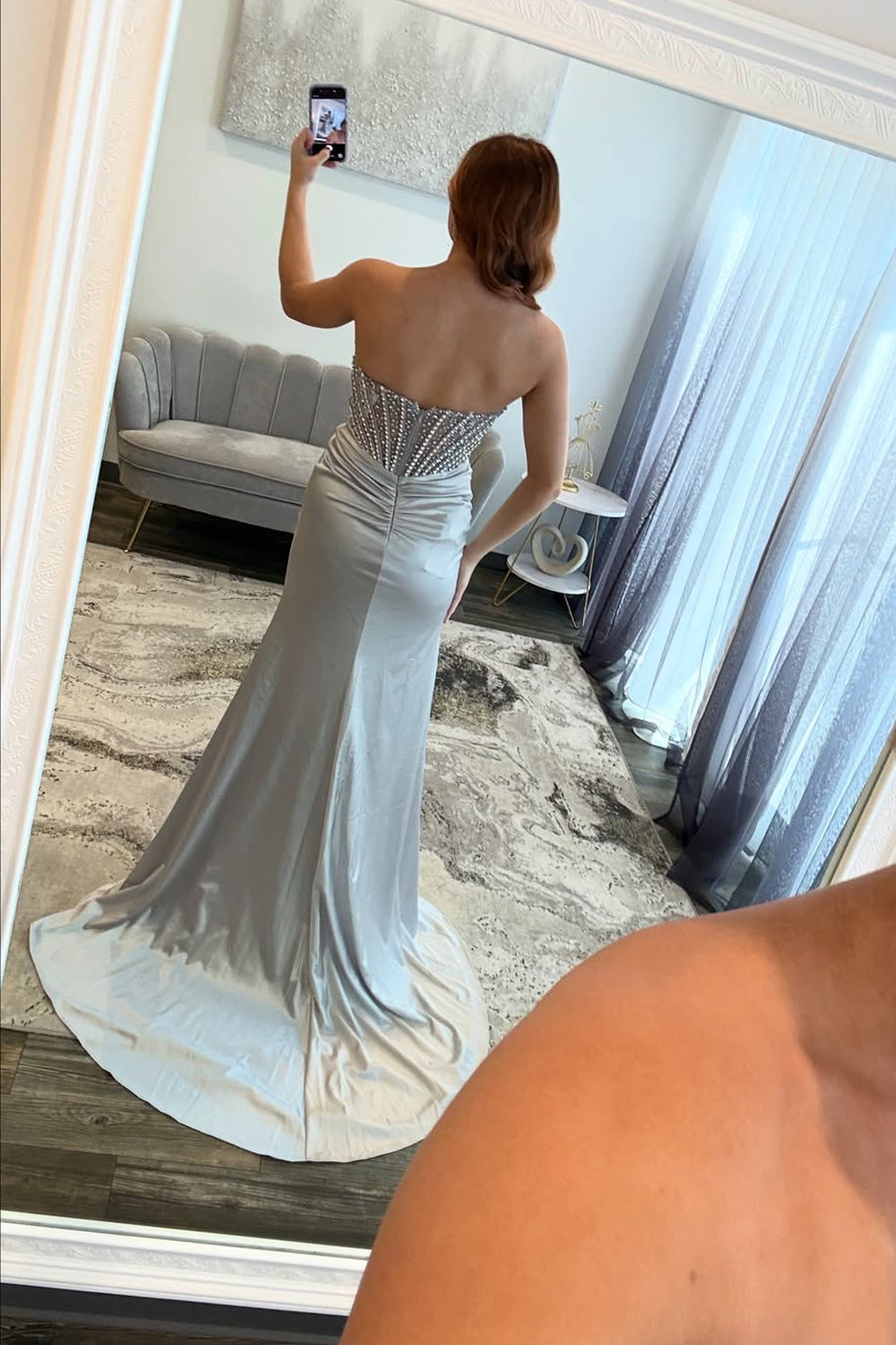 Scoop-Neck Off-Shoulder Sleeveless Beaded Satin Pleated High Slit Mermaid Prom Dress