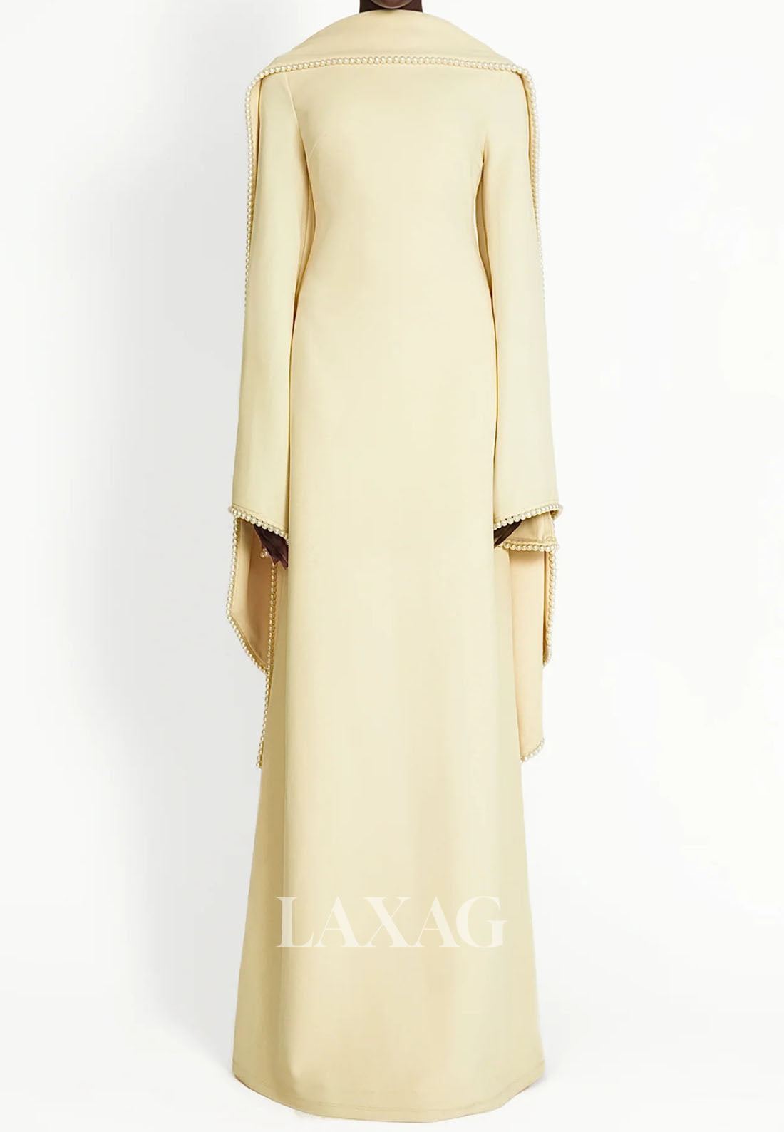 Scoop-Neck Long-Sleeves Pearls Satin Floor-Length Simple Fitted Formal Evening Dress with Overlay