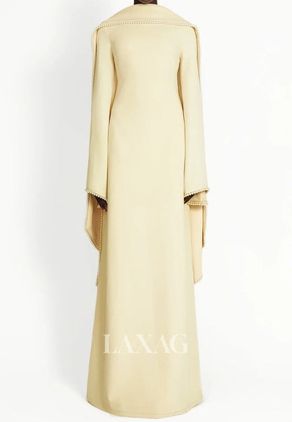 Scoop-Neck Long-Sleeves Pearls Satin Floor-Length Simple Fitted Formal Evening Dress with Overlay