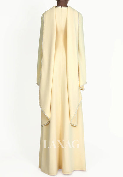 Scoop-Neck Long-Sleeves Pearls Satin Floor-Length Simple Fitted Formal Evening Dress with Overlay