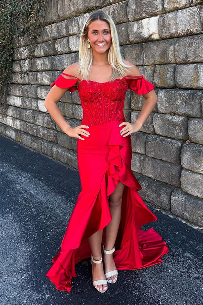 Bateau-Neck Satin Pleated Long Party Gowns Off-Shoulder Sequined Applique Mermaid Prom Dress