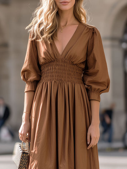 Deep V-Neck 3/4-Sleeves A-Line Evening Dress Pleated Satin Ankle-Length Formal Gowns