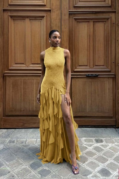 High-Neck Off-Shoulder Beaded Chiffon Pleated Tiered Fitted Prom Dress with High Slit