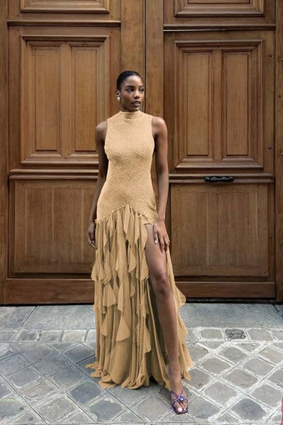 High-Neck Off-Shoulder Beaded Chiffon Pleated Tiered Fitted Prom Dress with High Slit