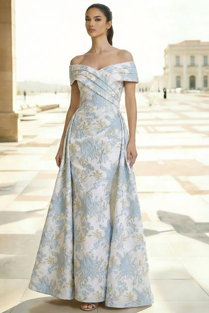 Bateau-Neck Off-Shoulder Sleeveless Floor-Length Jacquard Satin Pleated Mermaid Evening Dress