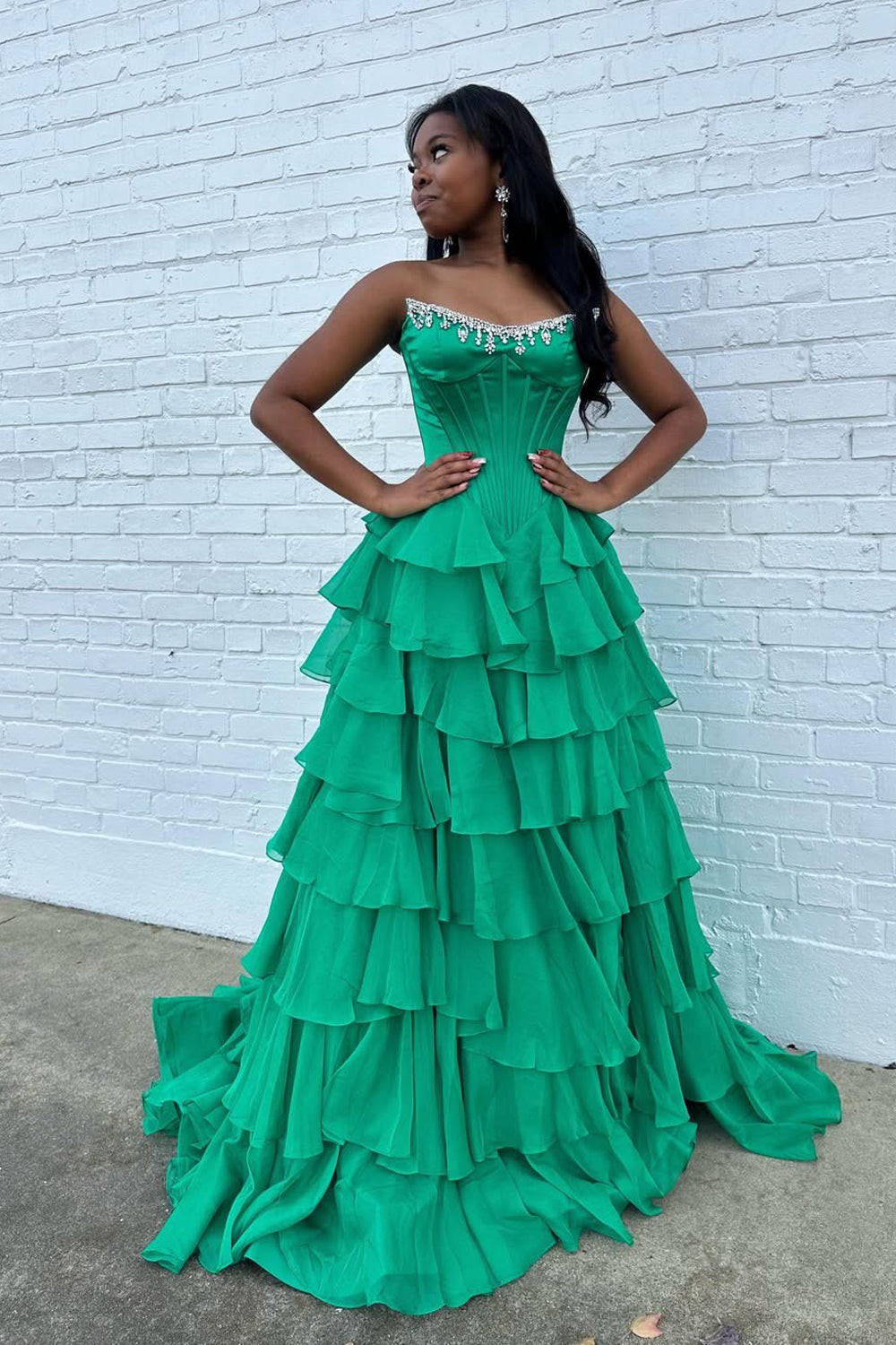 Scoop-Neck Off-Shoulder Sleeveless Beaded Chiffon Pleated Tiered A-Line Prom Dress