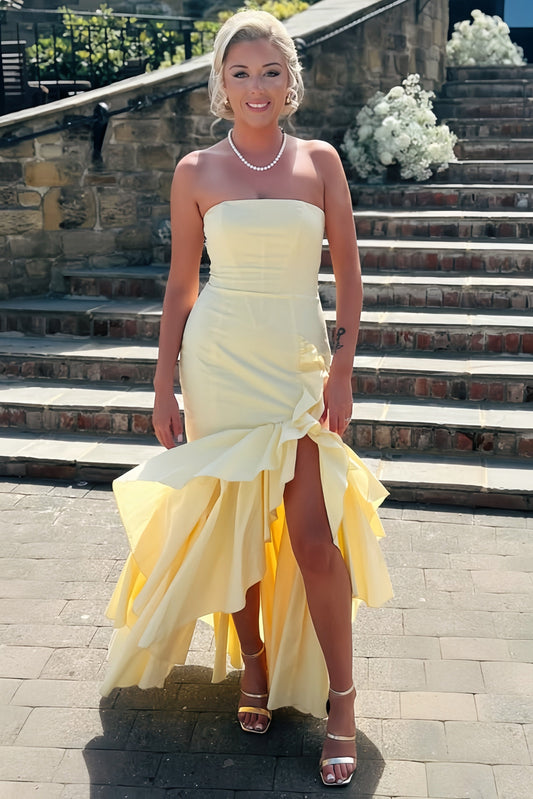 Tube Top Sleeveless Floor-Length Ruffled Satin Pleated Mermaid Prom Dress with Slit