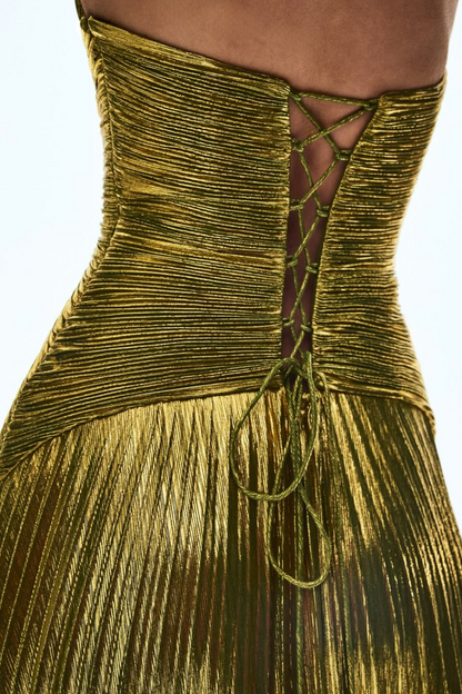 Metallic Pleated Halter Gown with Open Back