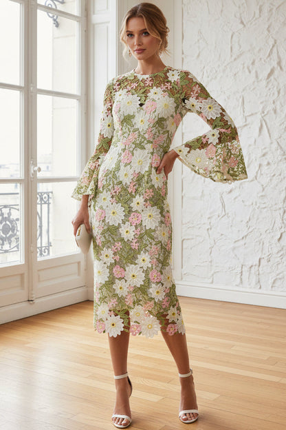 Scoop-Neck Long-Sleeves Multi-Color Jacquard Tea-Length Mermaid Wedding Guest Dress