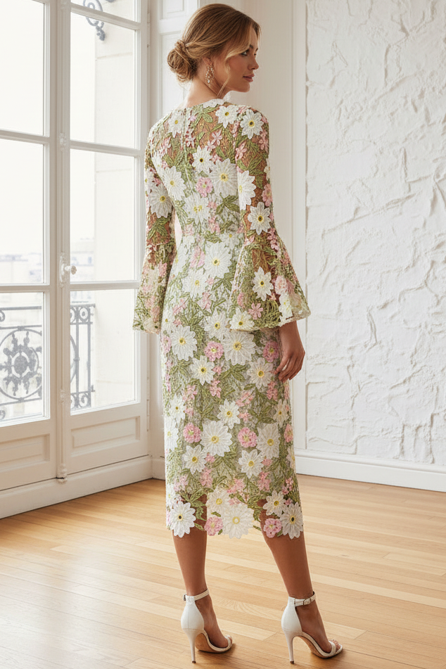 Scoop-Neck Long-Sleeves Multi-Color Jacquard Tea-Length Mermaid Wedding Guest Dress