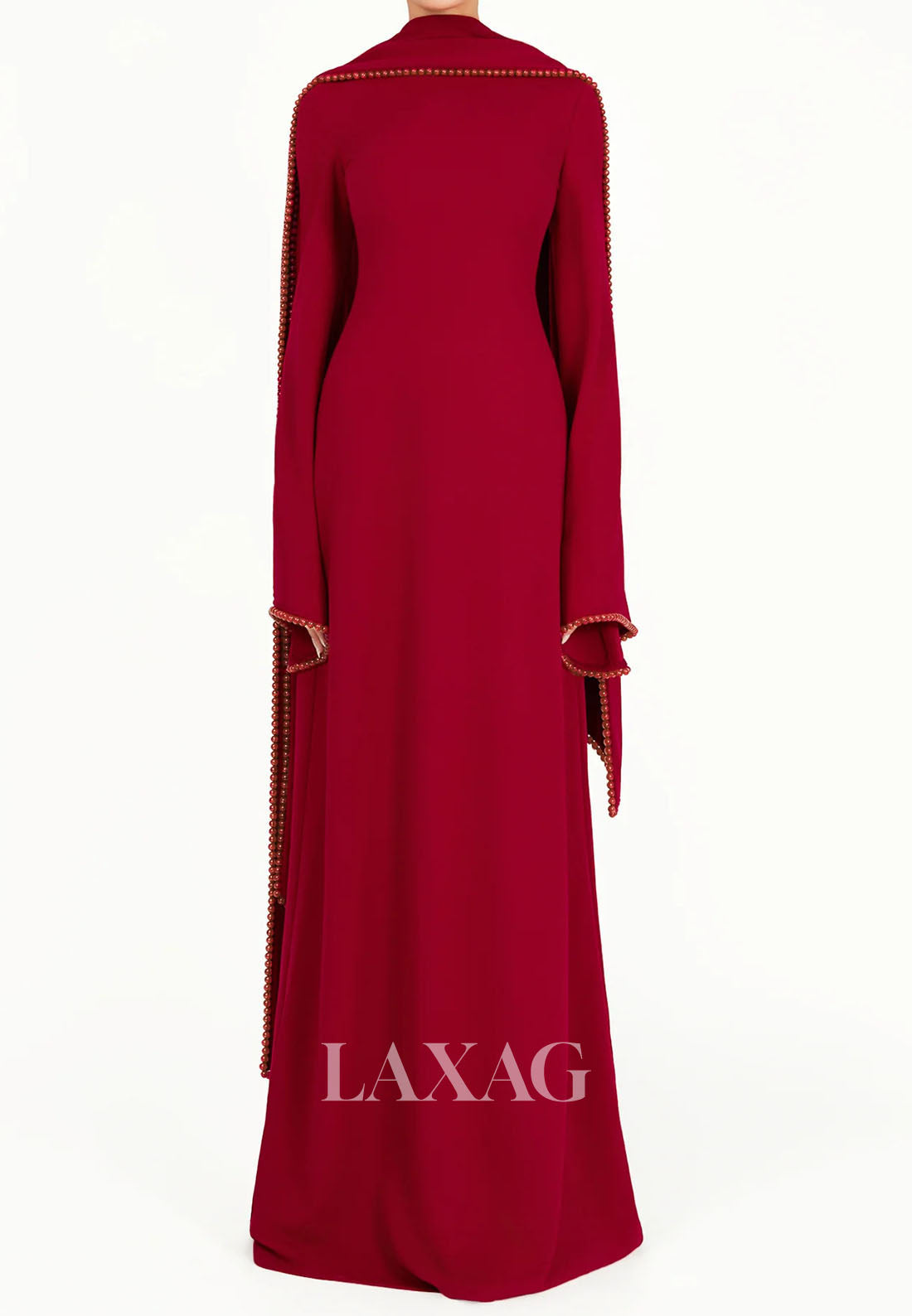 Scoop-Neck Long-Sleeves Pearls Satin Floor-Length Simple Fitted Formal Evening Dress with Overlay