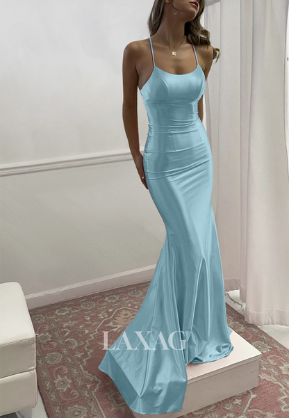 Simple Scoop-Neck Spaghetti Straps Sleeveless Pleated Mermaid Prom Dress with Sweep Train