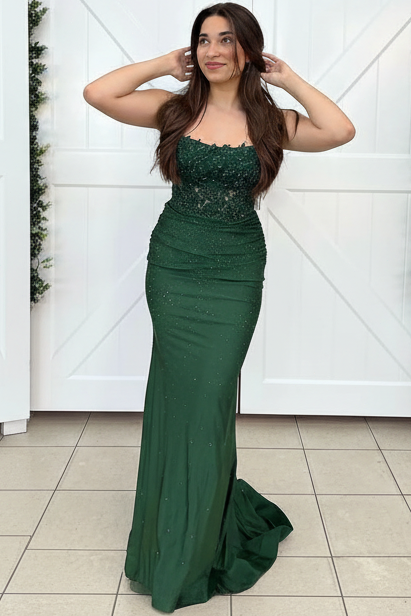 Bateau-Neck Spaghetti Straps Fully Beaded Applique Chiffon Sweep Train Mermaid Prom Dress