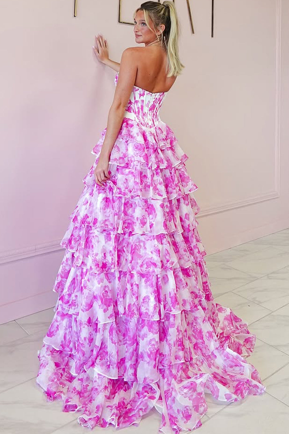 Sweetheart Sleeveless Beaded Print-Chiffon Pleated Tiered A-Line Prom Dress with Slit