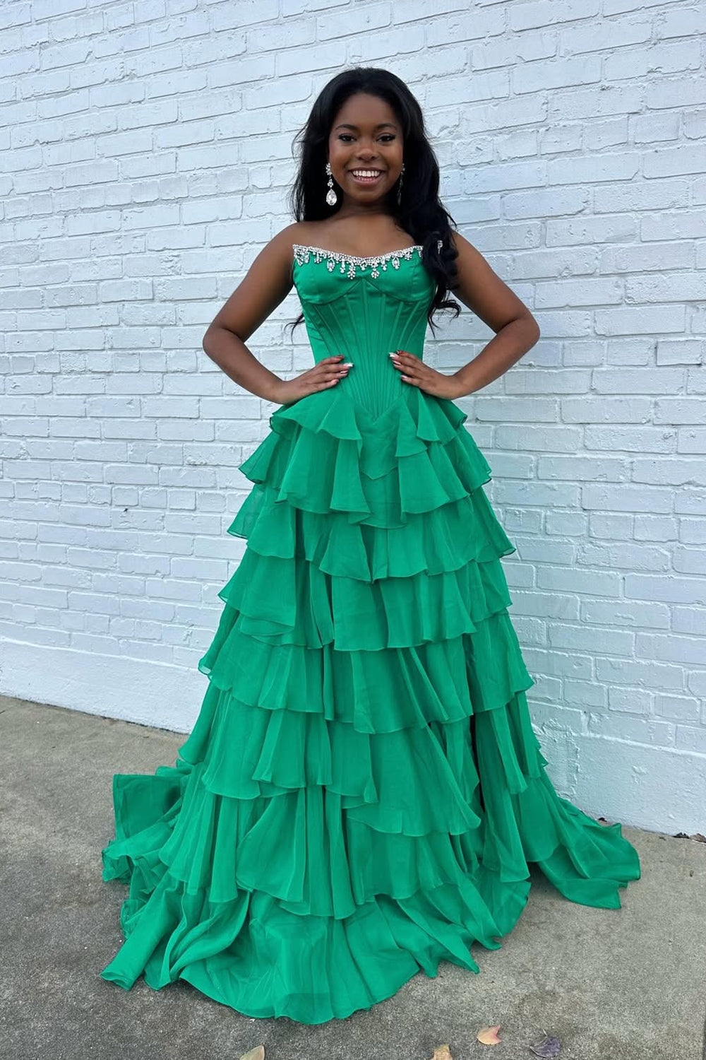 Scoop-Neck Off-Shoulder Sleeveless Beaded Chiffon Pleated Tiered A-Line Prom Dress