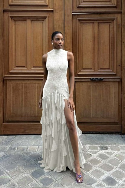 High-Neck Off-Shoulder Beaded Chiffon Pleated Tiered Fitted Prom Dress with High Slit