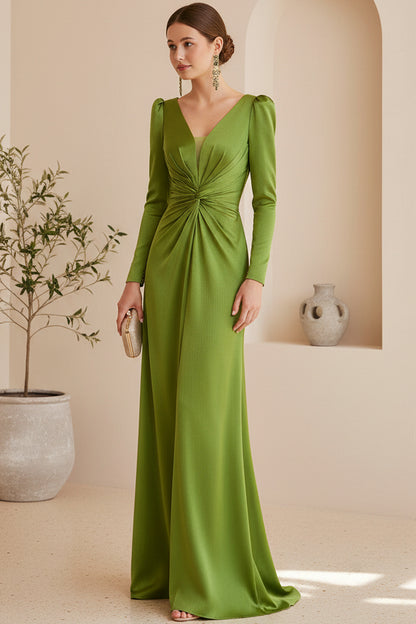 V-Neck Long-Sleeves Floor-Length Satin Pleated Mermaid Mother of the Bride Dress