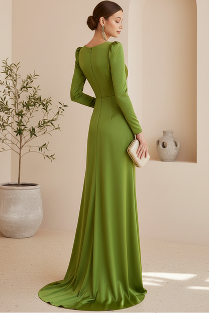 V-Neck Long-Sleeves Floor-Length Satin Pleated Mermaid Mother of the Bride Dress