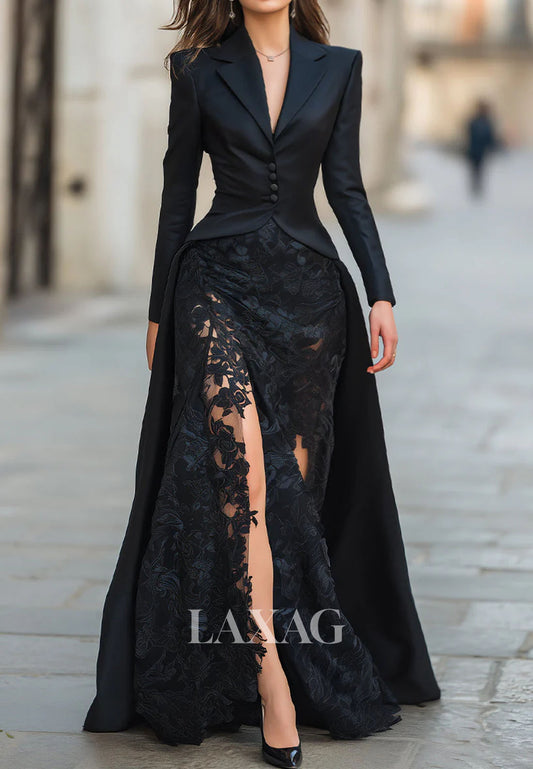 Deep V-Neck Long-Sleeves Satin&Lace Floor-Length Mermaid Evening Dress with Train