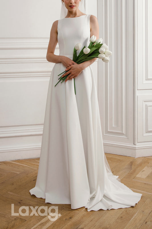 22617 - A-Line Bateau Backless Appliques Tulle Sleek Satin Wedding Dress