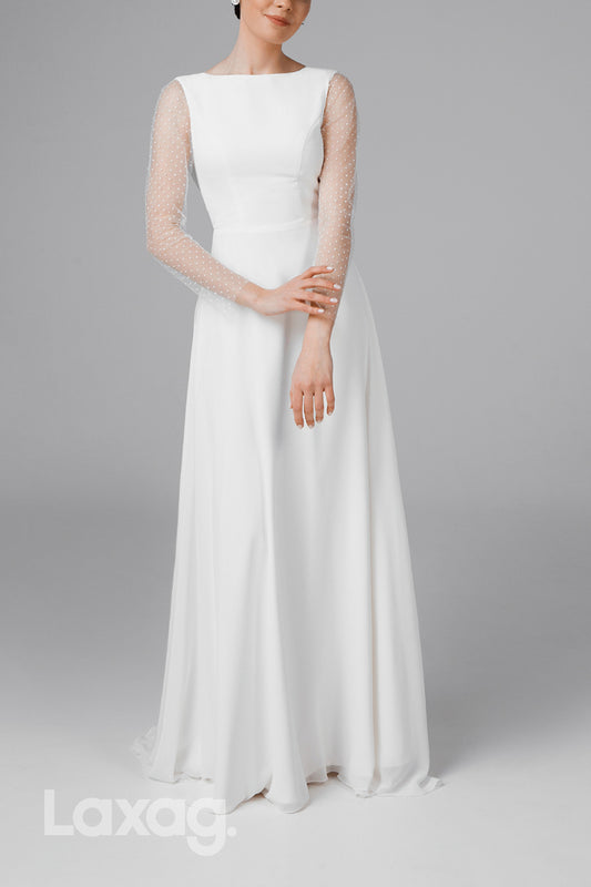 22619 - A-Line Bateau Backless Pearls Tulle Sleek Satin Wedding Dress