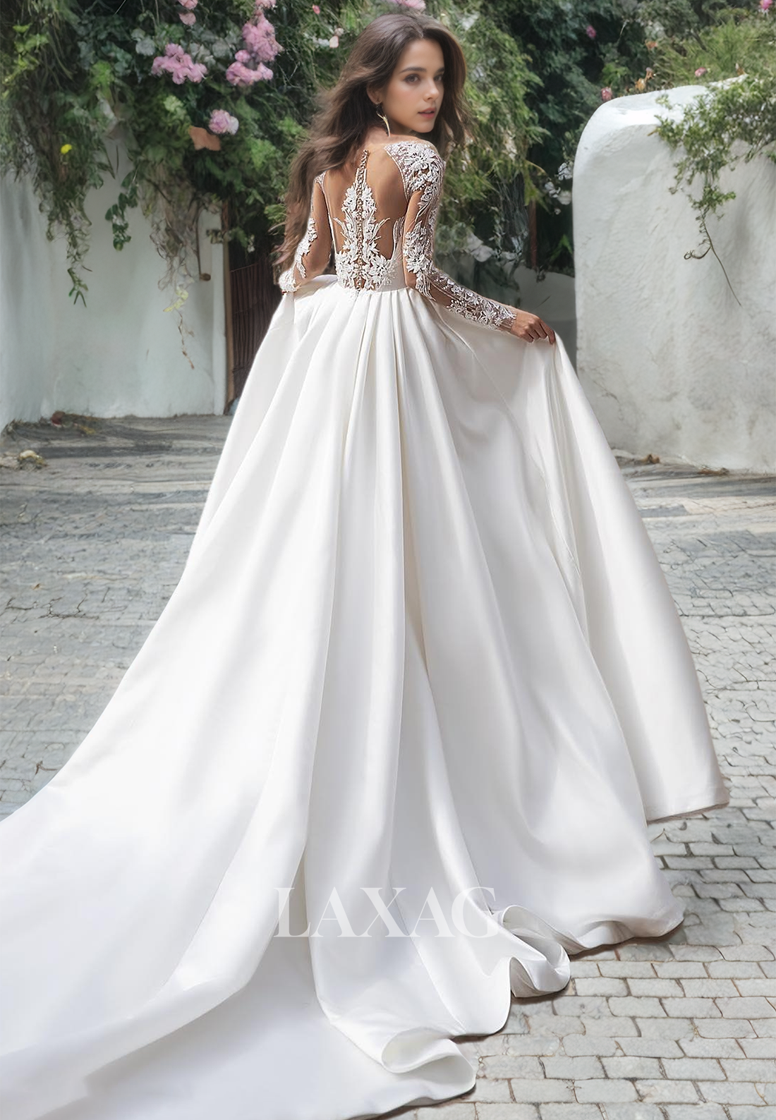 A-Line Bateau Long Sleeves Appliques Tulle Sleek Satin Wedding Dress with Train