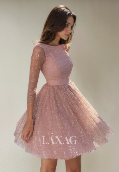 A-Line Bateau Long Sleeves Open Back Glitter Tulle Party Homecoming Dress