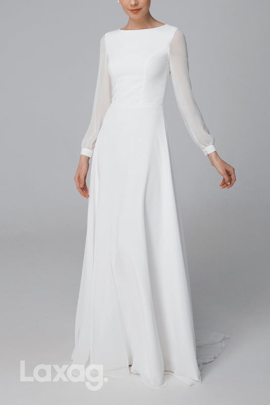 22624 - A-Line Bateau Long Sleeves Sleek Satin Wedding Dress