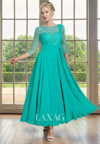 A-Line Bateau Quarter Sleeves Lace Appliques Mother of the Bride Dress