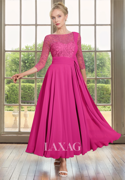 A-Line Bateau Quarter Sleeves Lace Appliques Mother of the Bride Dress