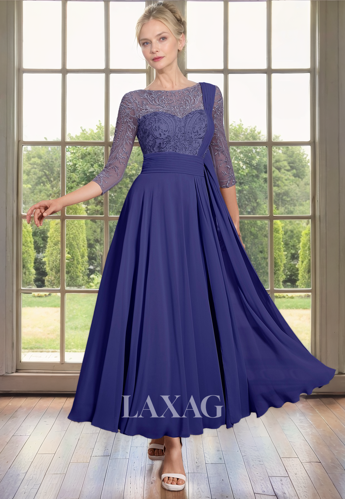 A-Line Bateau Quarter Sleeves Lace Appliques Mother of the Bride Dress