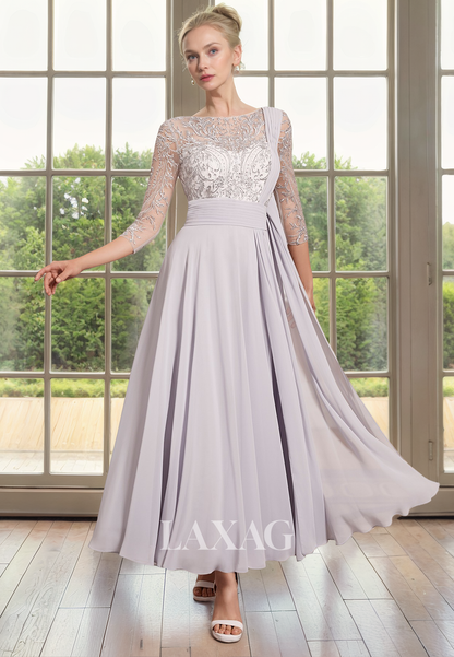 A-Line Bateau Quarter Sleeves Lace Appliques Mother of the Bride Dress