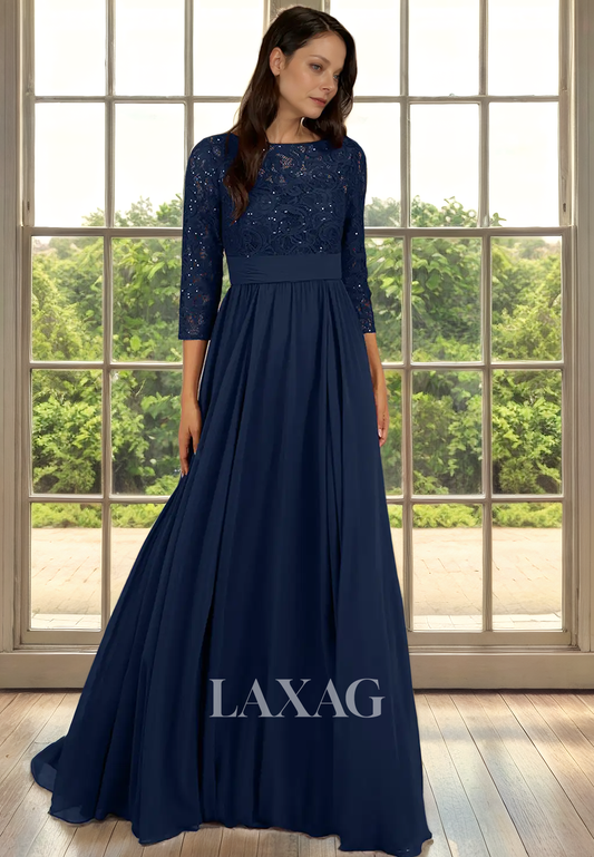 A-Line Bateau Quarter Sleeves Lace Appliques Sleek Satin Mother of the Bride Dress