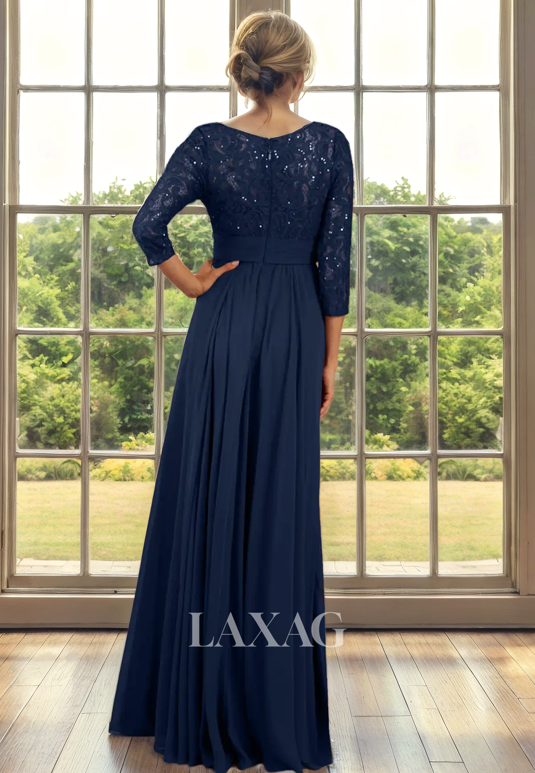 A-Line Bateau Quarter Sleeves Lace Appliques Sleek Satin Mother of the Bride Dress