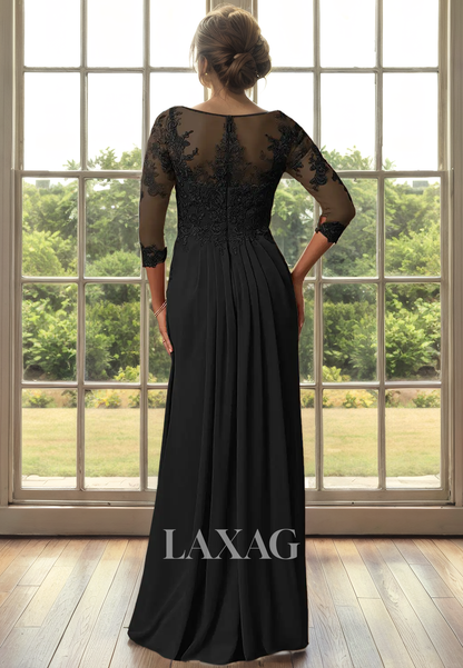 A-Line Bateau Quarter Sleeves Lace Appliques Sleek Satin Mother of the Bride Dress