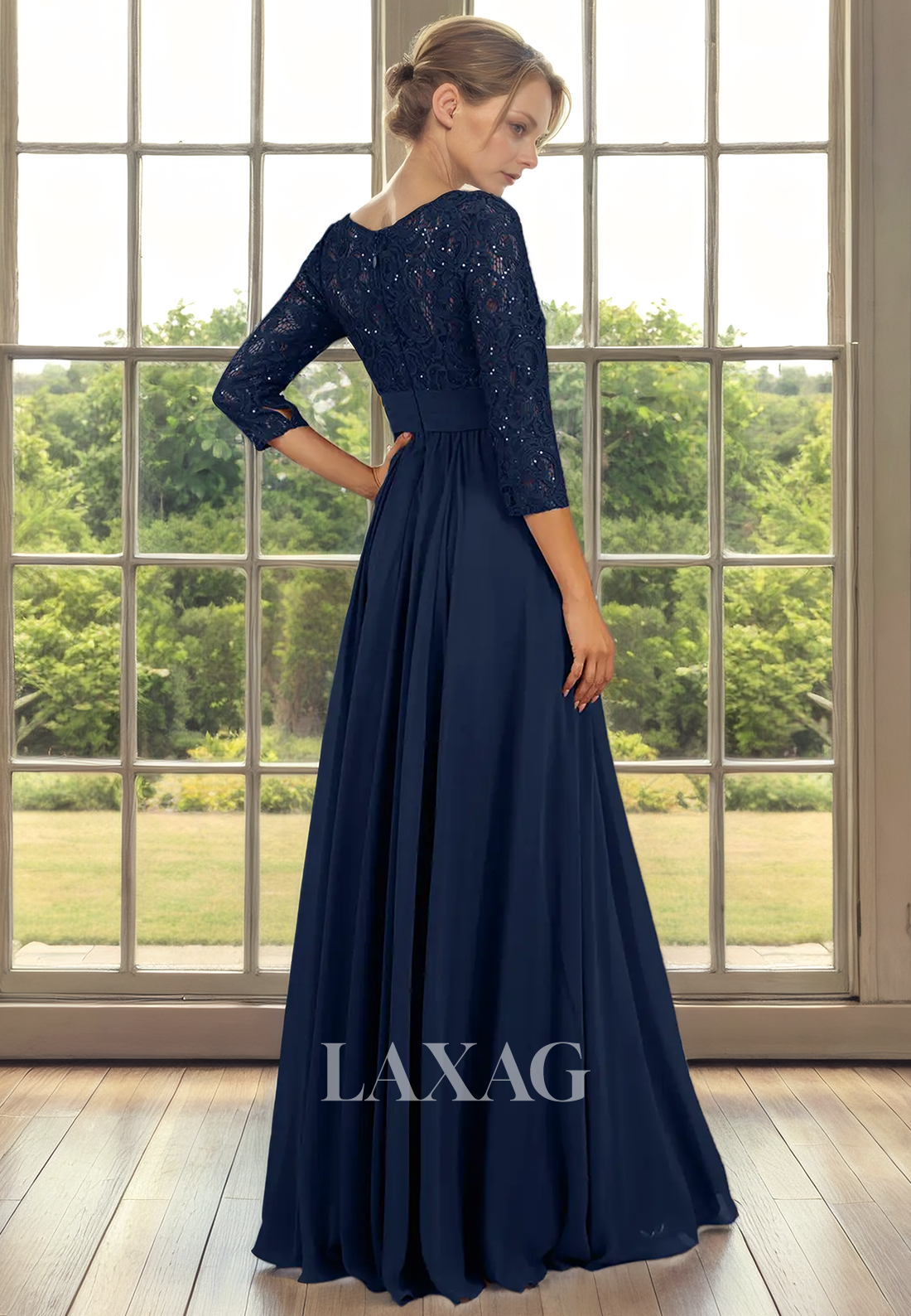 A-Line Bateau Quarter Sleeves Lace Appliques Sleek Satin Mother of the Bride Dress