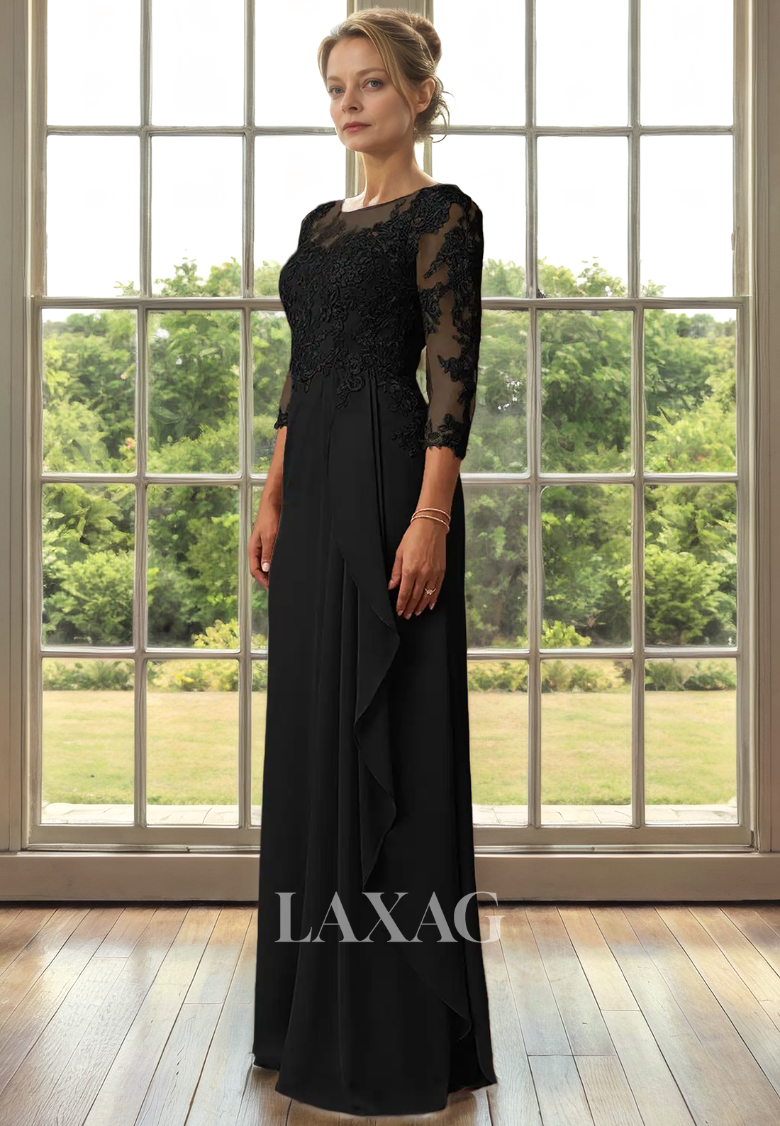 A-Line Bateau Quarter Sleeves Lace Appliques Sleek Satin Mother of the Bride Dress