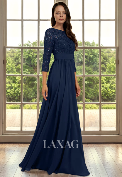 A-Line Bateau Quarter Sleeves Lace Appliques Sleek Satin Mother of the Bride Dress